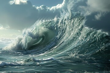 Powerful ocean wave surges beneath dramatic clouds