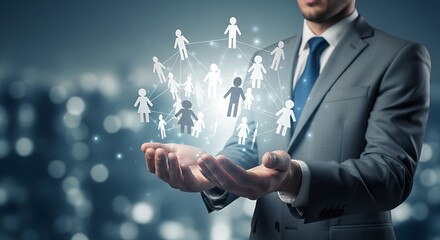 Business man holding social network connection with glowing people icons