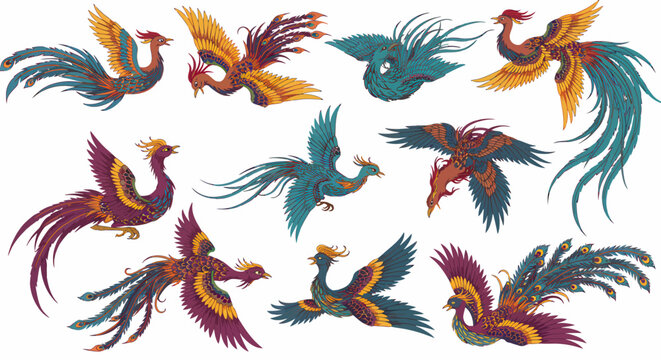 Collection of ten colorful illustrations of mythological Chinese phoenix birds