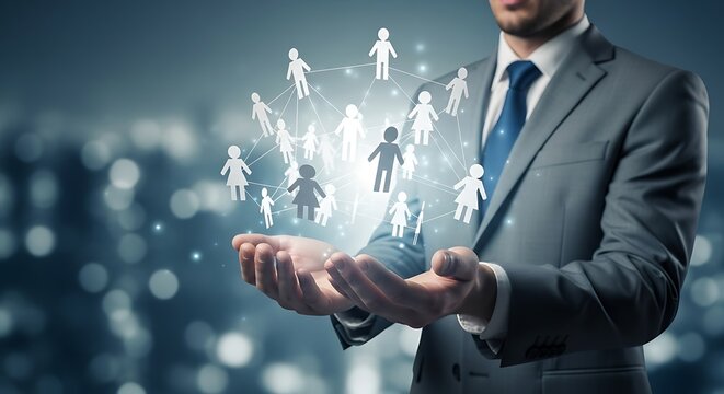 Business man holding social network connection with glowing people icons