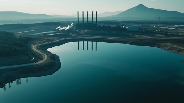 Aerial view of a vast artificial lake reflecting the decaying silhouette of an abandoned industrial complex with cooling towers, surrounded by empty forest, highlighting nature reclaiming post-industr