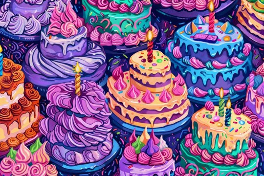 Colorful cakes with various toppings in vibrant setting. Neural network AI generated