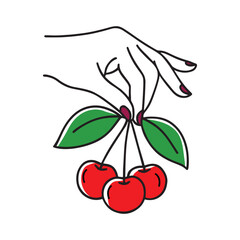 Hand Holding three Red Cherry Fruits, doodle line art flat vector illustration