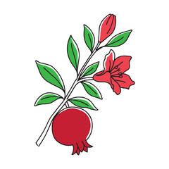  Pomegranate Branch Illustration with Fruit, Flower, and Leaves, doodle line art vector illustration