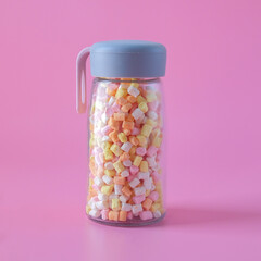 Colorful sweet candy in bottle on background.