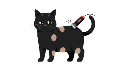 Fototapeta premium A black cat with bald spots being shaved by clippers.