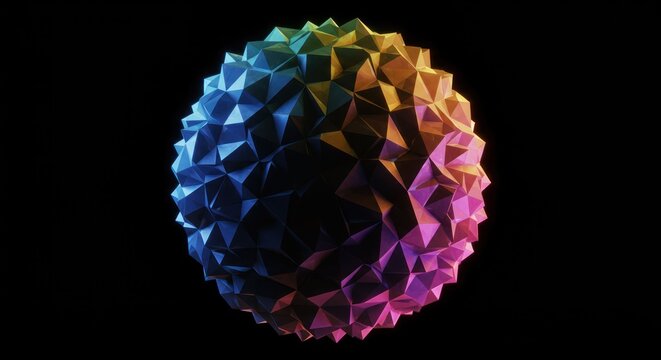 Geometric sphere on black background, colorful design element