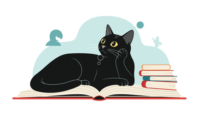 A contemplative black cat rests upon an open book surrounded by knowledge.