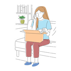 Woman sitting on a couch, talking on the phone while unboxing a package and discussing reporting the seller, Doodle line art vector illustration