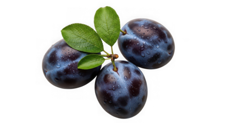 Three ripe plums with green leaves on a stem isolated on transparent background