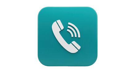 Isolated aqua square icon with white phone receiver symbol broadcasting sound waves icon