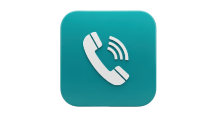 Isolated aqua square icon with white phone receiver symbol broadcasting sound waves icon