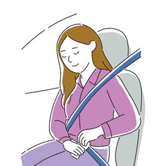 Young woman is seated in the drivers seat, preparing to drive the car, doodle line art vector illustration