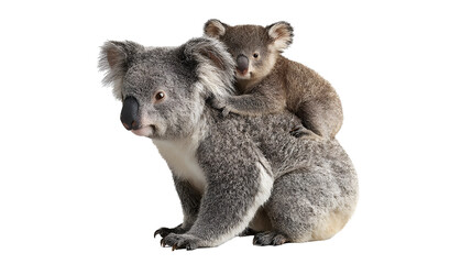 Koala with baby on its back isolated on a transparent background