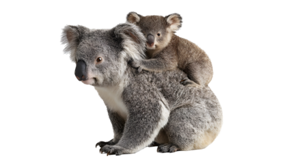 Koala with baby on its back isolated on a transparent background