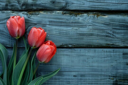 Bouquet of red tulips with water drops lying on a textured wooden background, creating a beautiful contrast of colors and textures