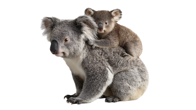 Koala with baby on its back isolated on a transparent background