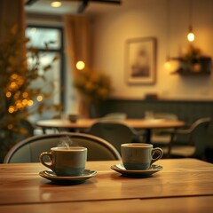 실내 카페 테이블 위 머그잔a mug on the table in an indoor cafe