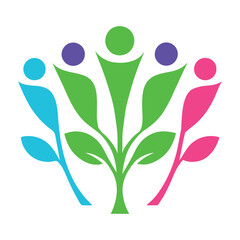 Fototapeta premium Colorful abstract figures representing community growth and diversity with organic leaf-like elements