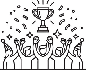 Team Celebration Outline Icons High-Five, Confetti, Trophy, Hands Raised, Party Hat, and Success Symbols