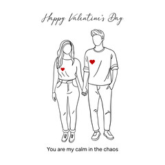 Minimalist Valentine’s Day illustration featuring a romantic couple drawn with elegant black lines. The simple line style conveys love, tenderness, and emotional connection