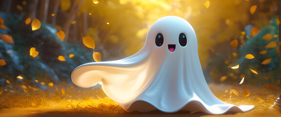 Cute white ghost in autumn park illustration. Adorable smiling ghost under warm sunlight. Cheerful white monster in a sunny park scene. Playful ghost enjoying autumn daylight.