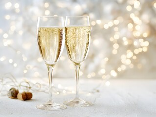44. Champagne glasses with sparkling lights on a white background