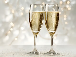 44. Champagne glasses with sparkling lights on a white background