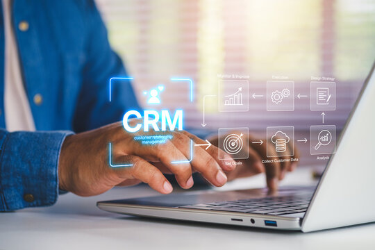 CRM workflow, Customer relationship management, business professional using tablet manage digital strategy, diagram showing goals, data collection, analysis, strategy, execution, and improvement