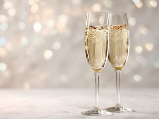 44. Champagne glasses with sparkling lights on a white background