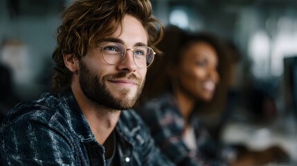Young professionals collaborating and smiling in a modern coworking office space focused on teamwork and innovation