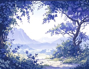 Lush landscape, path through trees