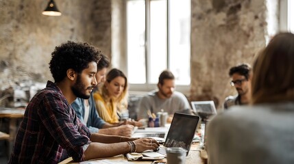 A diverse group of professionals collaborates around a table working on laptops in a modern casual office setting with natural light