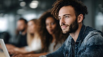 Diverse professionals working collaboratively in a modern office focused on technology and innovation