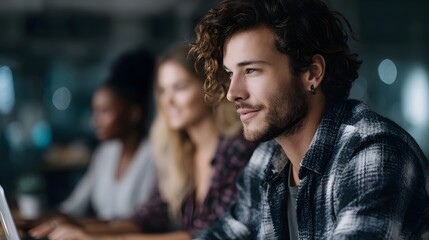A young man and colleagues collaborate in a modern softly lit office setting