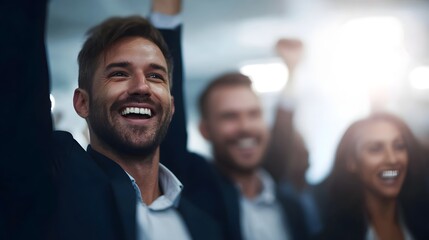 A diverse group of business professionals celebrating a moment of success with raised arms and joyful expressions in a bright modern office setting