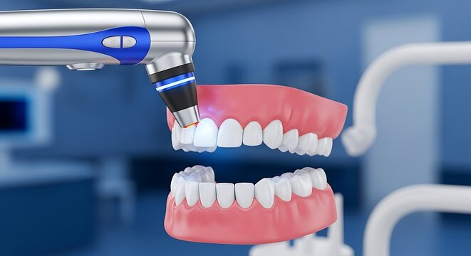 Dentist examining teeth with modern equipment for oral hygiene and care