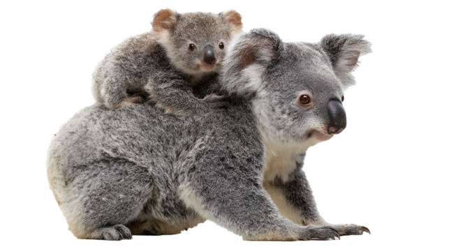 Koala with baby on its back isolated on a transparent background

