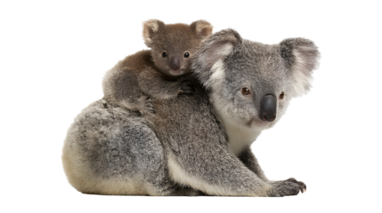 Koala with baby on its back isolated on a transparent background
