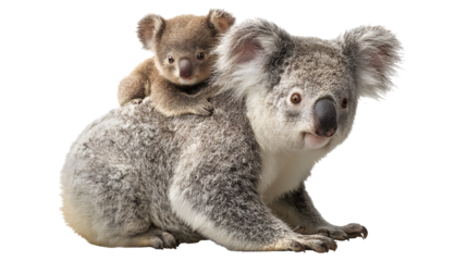 Koala with baby on its back isolated on a transparent background
