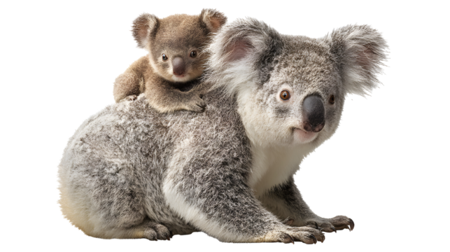 Koala with baby on its back isolated on a transparent background

