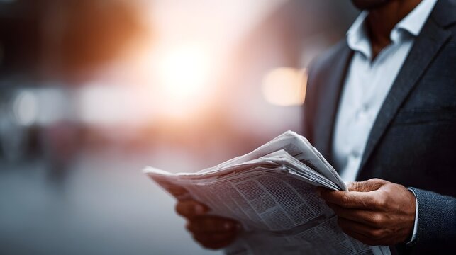 A man in a business suit reads a newspaper on a city street bathed in warm sunlight indicating focus and awareness of current events