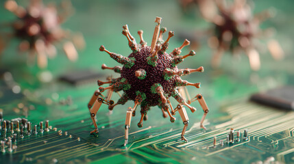 Futuristic nanobot virus representing technology security threat. menacing microchip robot moving on an electronic circuit board hardware