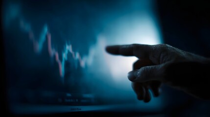 A finger points to a financial chart displayed on a digital screen in dim blue light