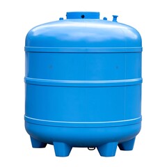 A blue, large, rounded cylindrical storage tank, isolated on a white background. It has a top lid and base supports