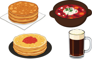 Eastern European food illustration, pancakes borscht caviar and beer, traditional cuisine artwork, cultural meal drawing, festive culinary design