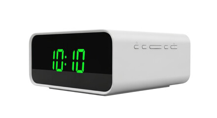 Isolated digital alarm clock displaying ten-ten, simple minimal design, wake-up gadget