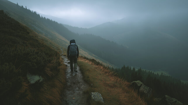 footstep. Lone traveler with backpack on narrow misty mountain trail. tourism brochures, itinerary planners, destination guides, designed for travel destination branding, used by travel agents.