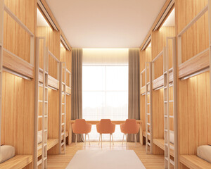 Minimalist bedroom with wooden bunk bed and wooden table and chair. 3d rendering