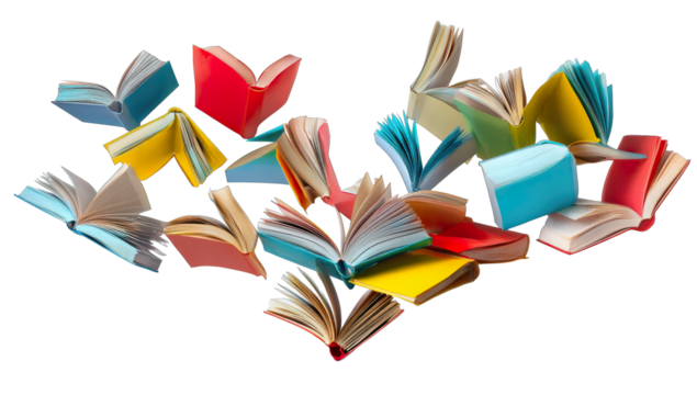 Vibrant Stories Unleashed: A captivating composition of open books in an array of colorful covers, inviting the imagination to take flight and the pursuit of knowledge.